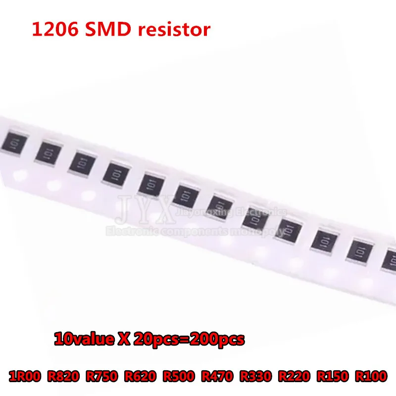 200 шт. Резисторы SMD 1% 1206 набор в ассортименте 10 значений X 20 = 1R00 R820 R750 R620 R500 R470 R330 R220