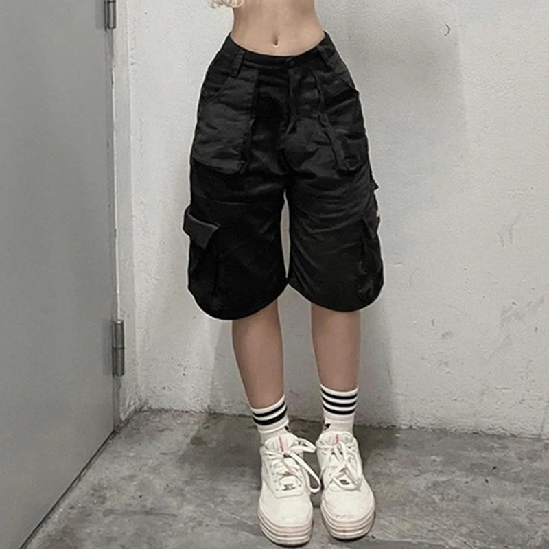 Darlingaga Streetwear Black Multi Pockets Basic Cargo Shorts Women Casual Baggy Summer Shorts Outfits Mid-Pants Straight Capris