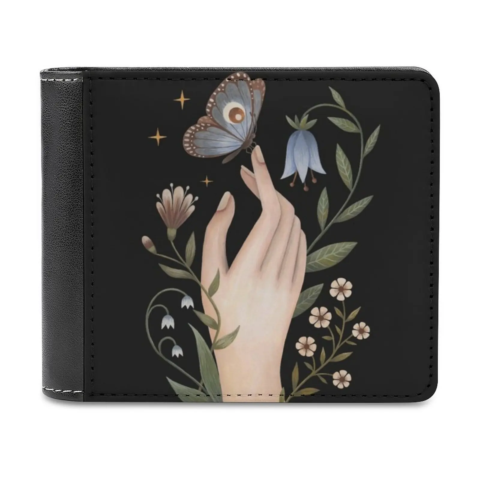 

Gentle Touch New Men Wallets Pu Leather Men Purse High Quality Male Wallet Gouache Hand Fingers Touch Insects Insect Flowers