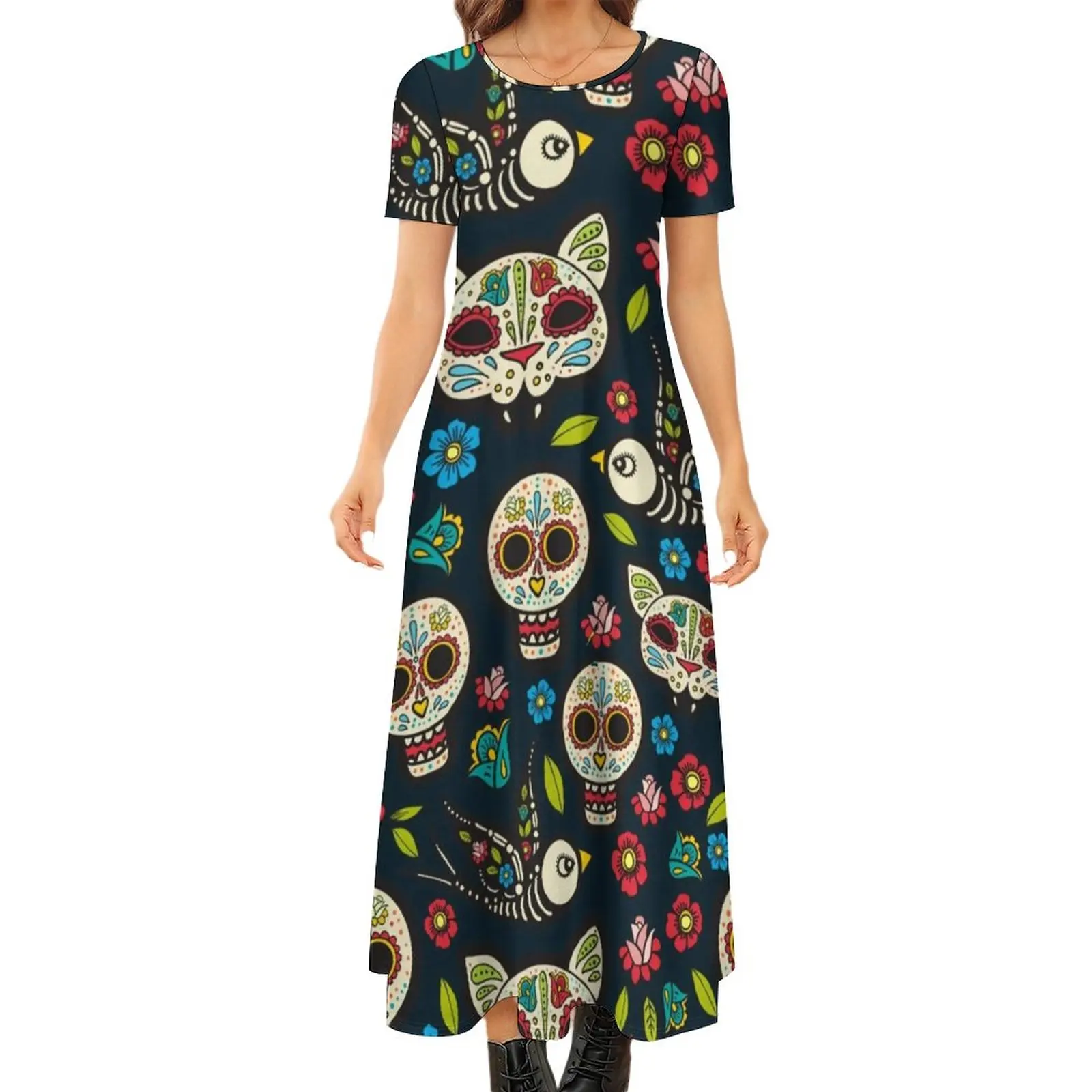 

Винтажное платье-скелетоны для отдыха в Мексике с цветочным принтом, винтажное Макси-платье с коротким рукавом, уличный стиль, богемные пляжные длинные платья