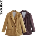 xnwmnz2022 women fashion oversized linen suit jacket woman retro long sleeved double breasted pockets female chic blazer