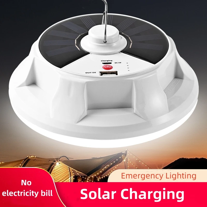 

LED Solar Rechargeable Lamp Outdoor Camping Waterproof Power Failure Emergency Lighting Night Market Stall UFO Bulb