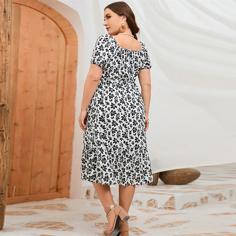 Plus Size Summer Dresses for Women 2023 4XL 5XL Womens Floarl Square collar Ruffles Midi Dress Elegant Party Dresses for Ladies