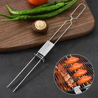 stainless steel semi automatic double head barbecue fork grilled sausage chicken wings outdoor portable bbq tool kitchen gadgets