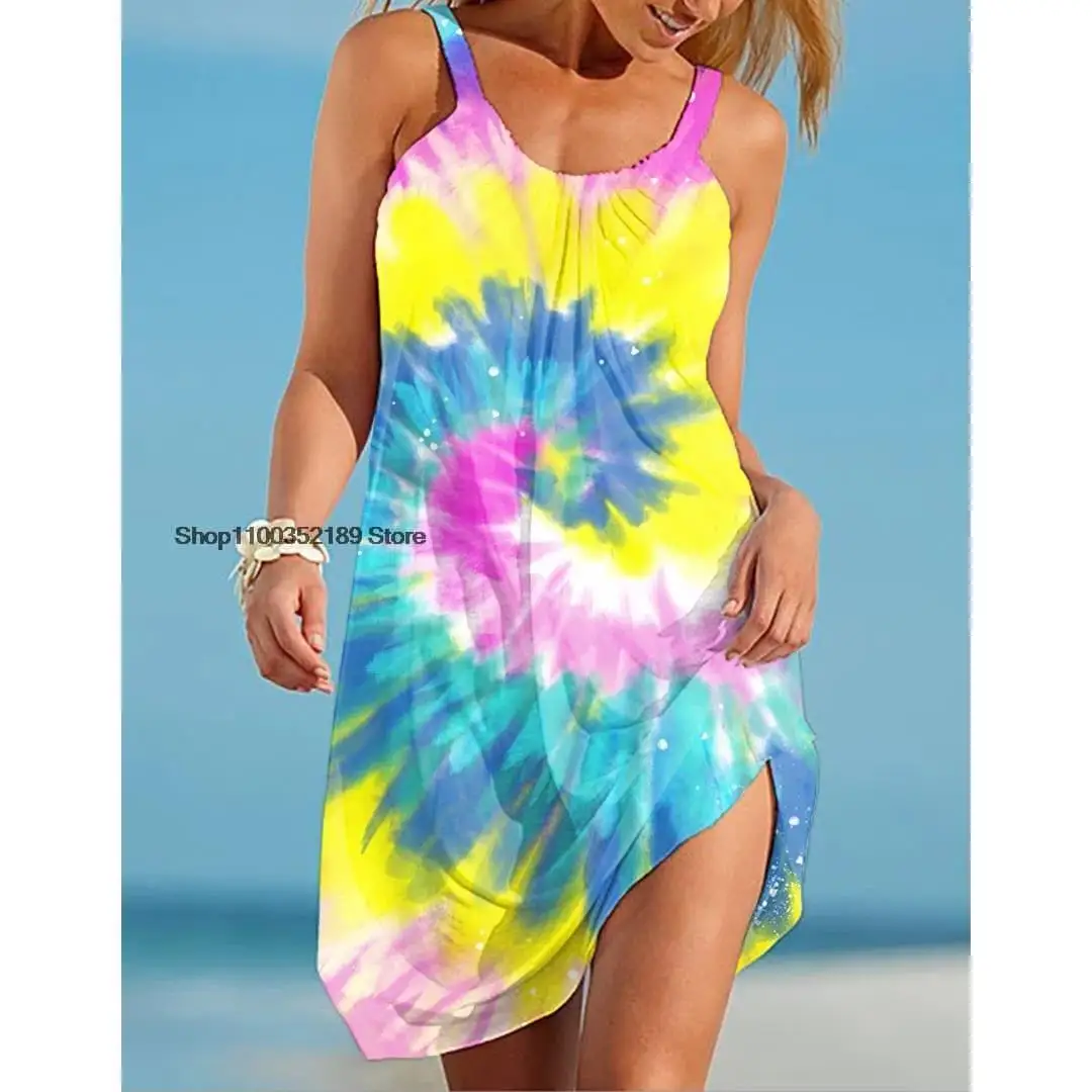 

Женское винтажное платье миди на бретельках, летнее платье без рукавов в стиле бохо с 3D-принтом, пляжная одежда в гавайском стиле