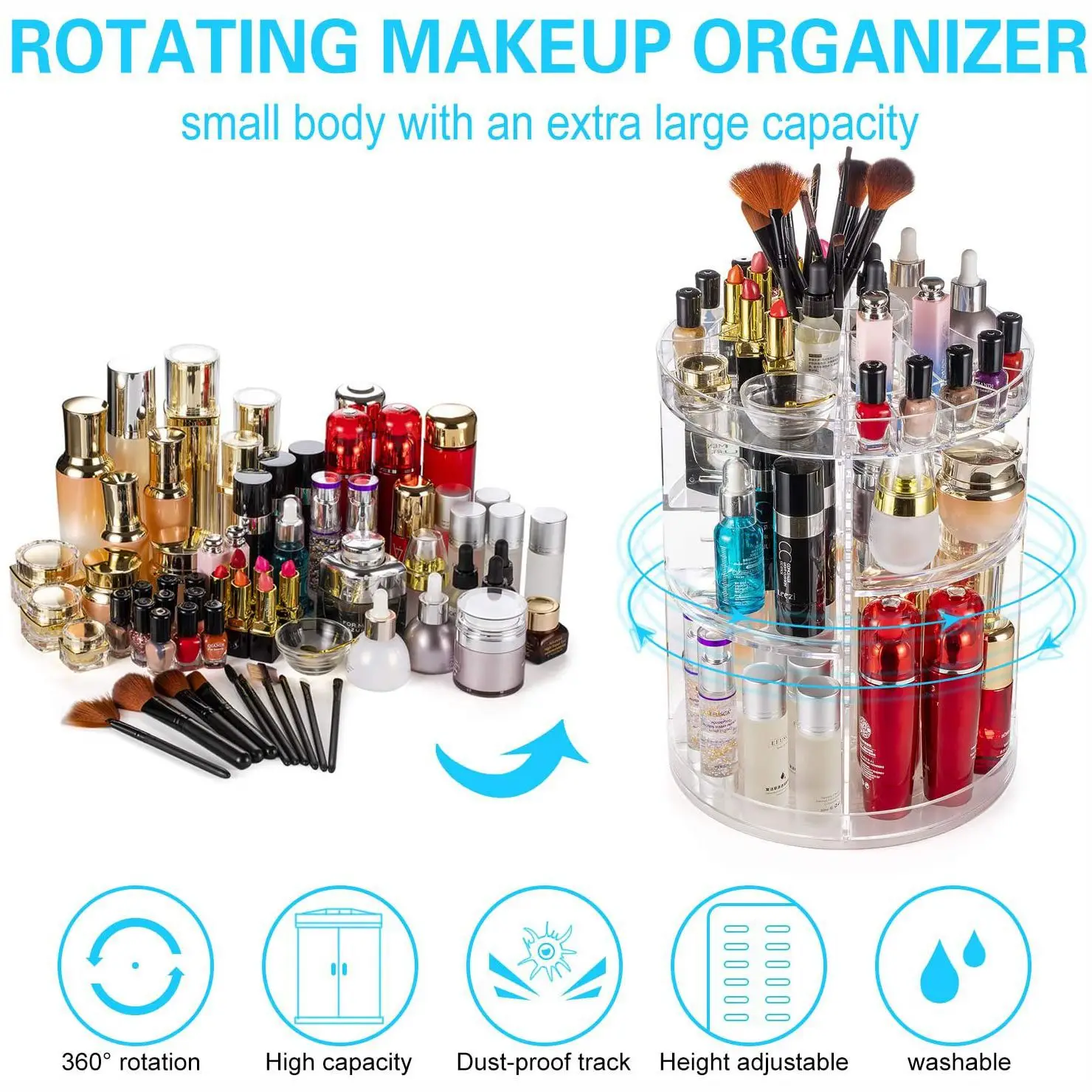 

360 Degree Rotation Transparent Acrylic Cosmetics Storage Box Fashion Spin Multi-function Detachable Makeup Organizer Beauty