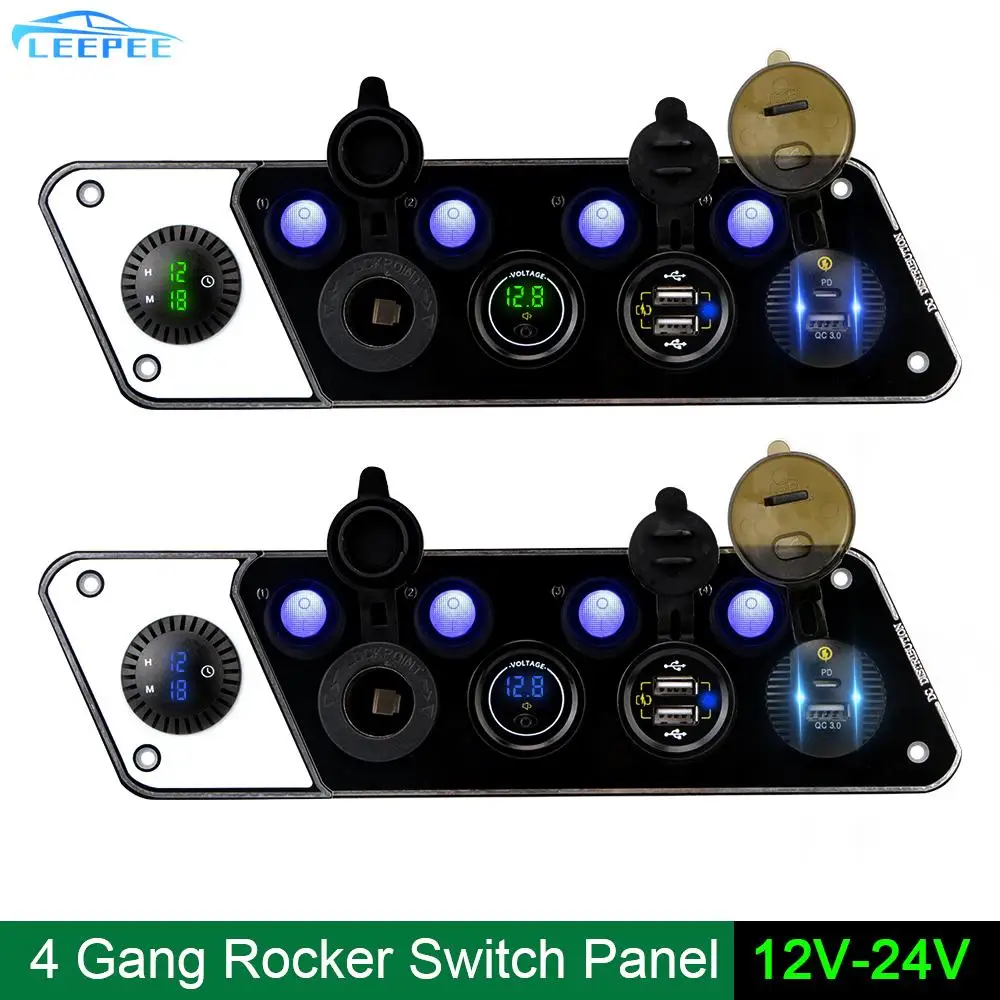

4 Gang Switch Panel Charger Socket Waterproof Digital Voltmeter Clock 12-24V 36W QC3.0 PD Dual USB Cigar Lighter For Car Marine