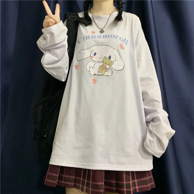 

Sanrio Cinnamoroll Long-Sleeved T-Shirt Girl Kawaii Autumn New Cartoon Hello Kitty Print Top Loose Casual Couple Bottoming Shirt