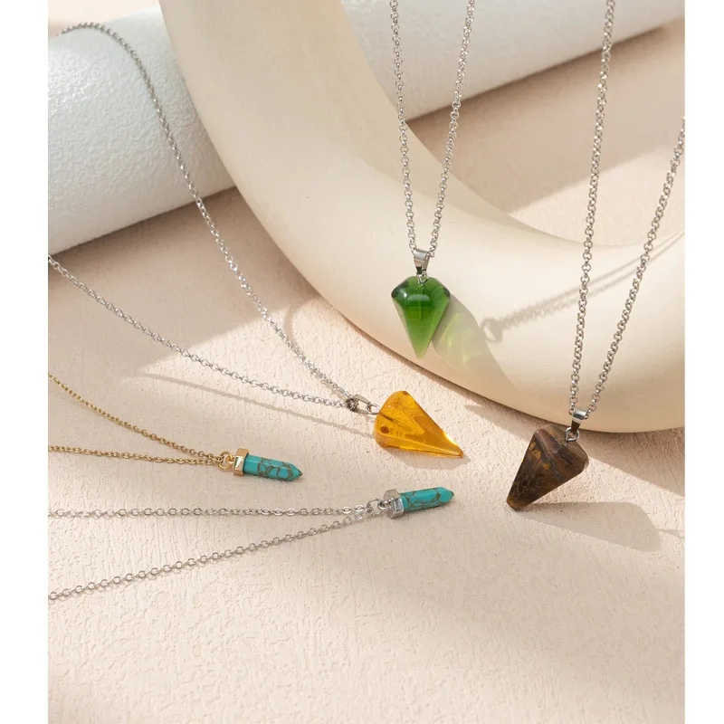 

Tapered Pendant Necklace Unisex Stone Glass Necklace Sweater Chain Accessory