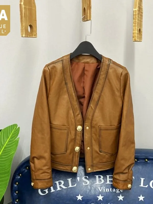 

Short Real Leather Sheepskin Women Jacket Vintage Street Single Breasted Casual Jackets Fashion V-Neck Long Sleeve Coat Female
