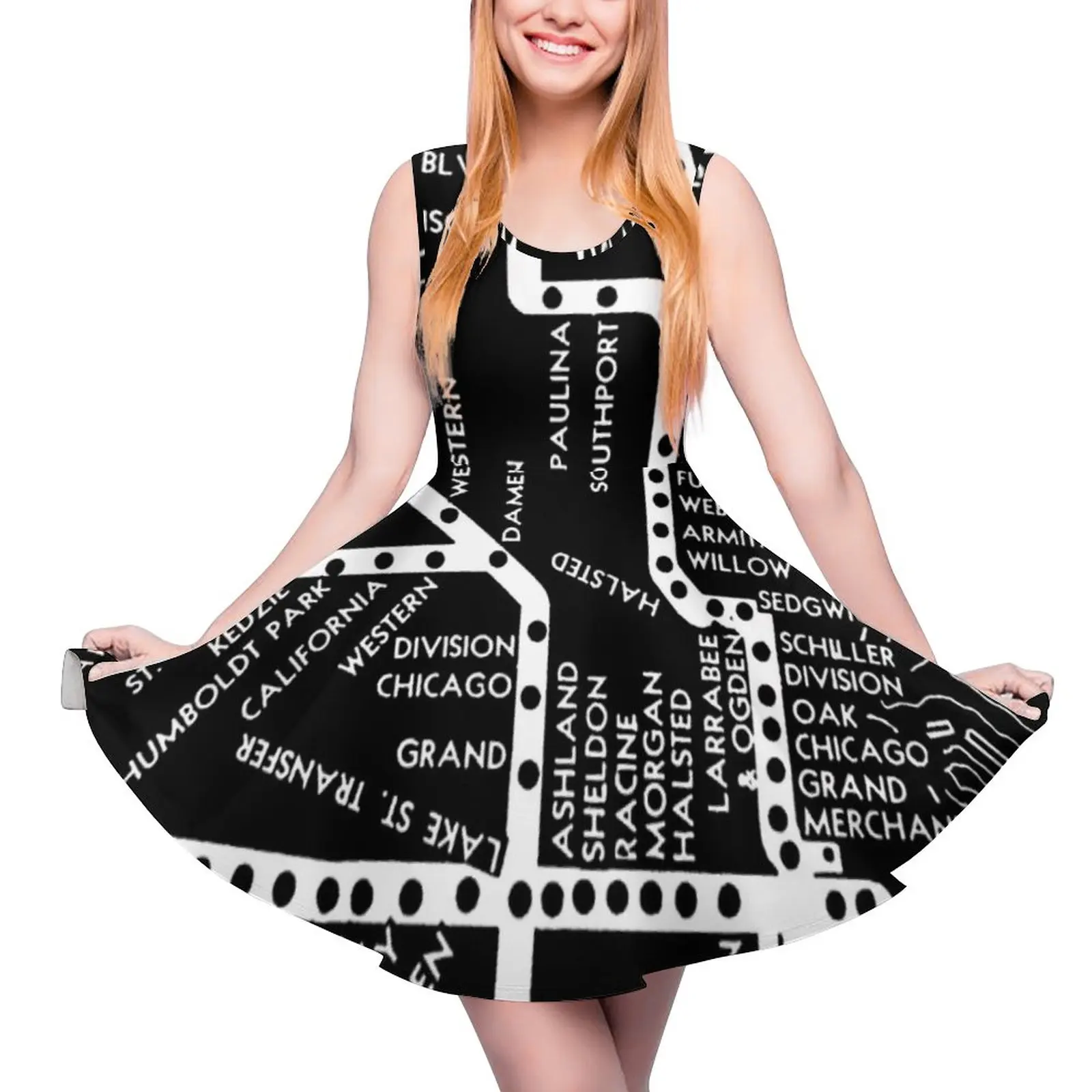 Vintage Map Dress Chicago Subway Train Print Korean Fashion 
