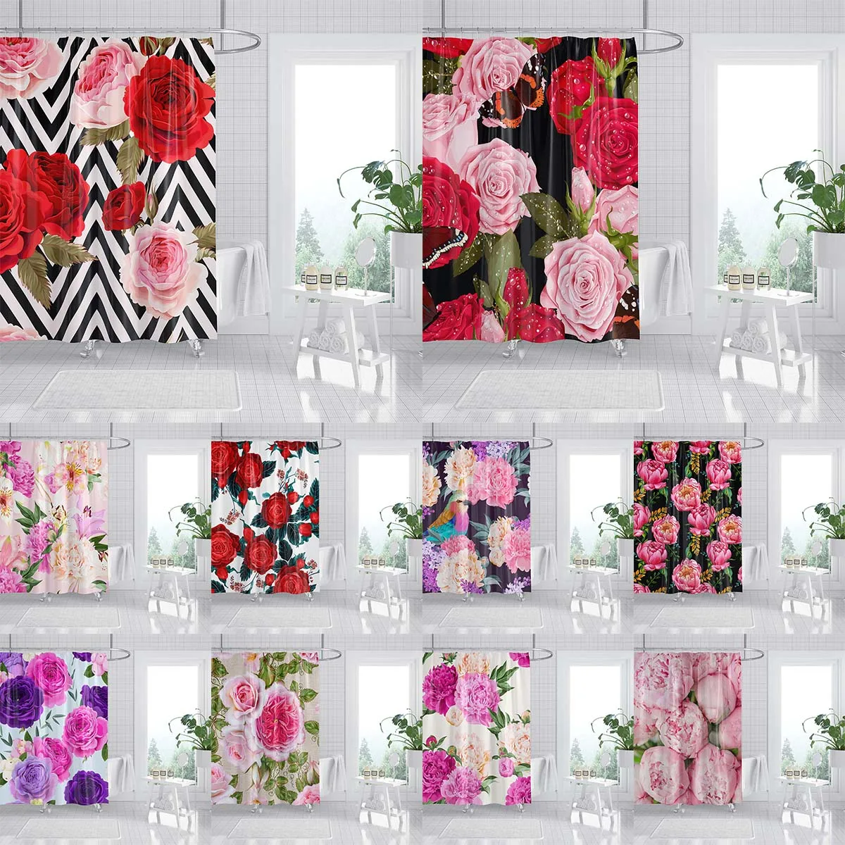 

Red Rose Shower Curtains Valentine's Day Decor Flower Shower Curtains Floral Landscape Polyester Bathroom Curtains With Hooks