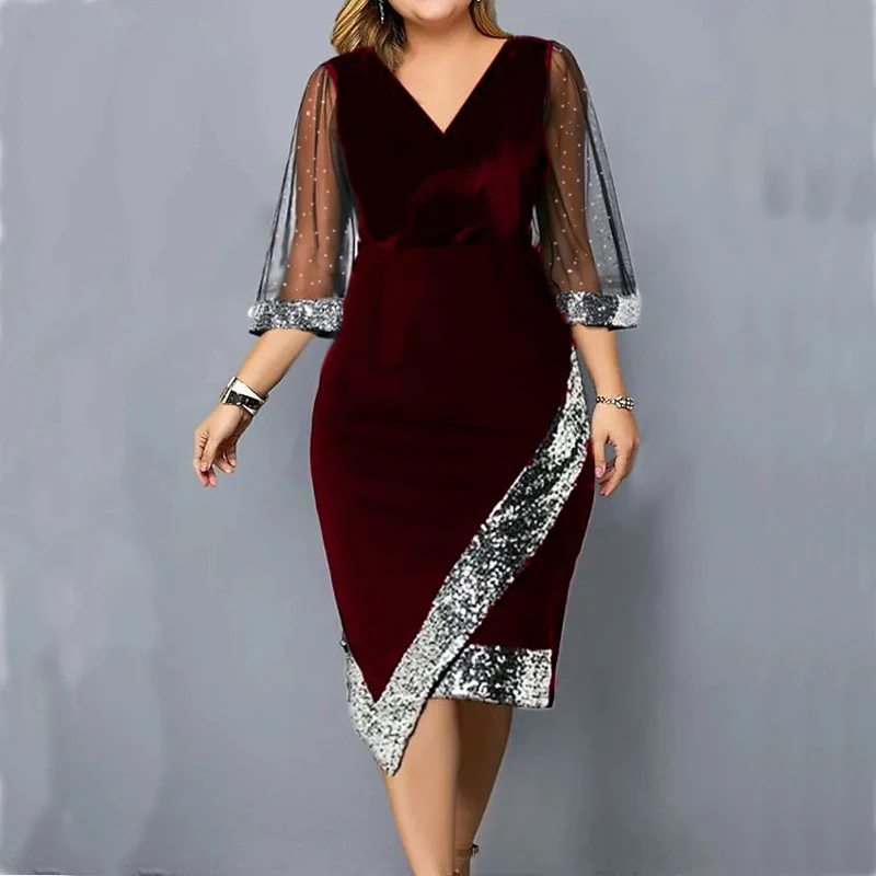 

Sequin Perspective Gauze Sleeve Women's Dress Velvet Asymmetric Hem Pullover Dress Temperament Elegant Sexy V-neck Women Dress