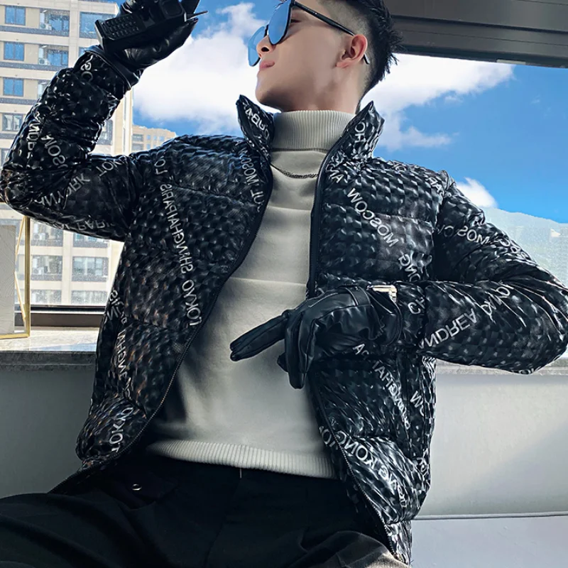 Winter Letter Print Thicken Puffer Parkas Jacket Men Stand Collar Casual Business Coat Hiphop Overcoat Streetwear Men Clothing
