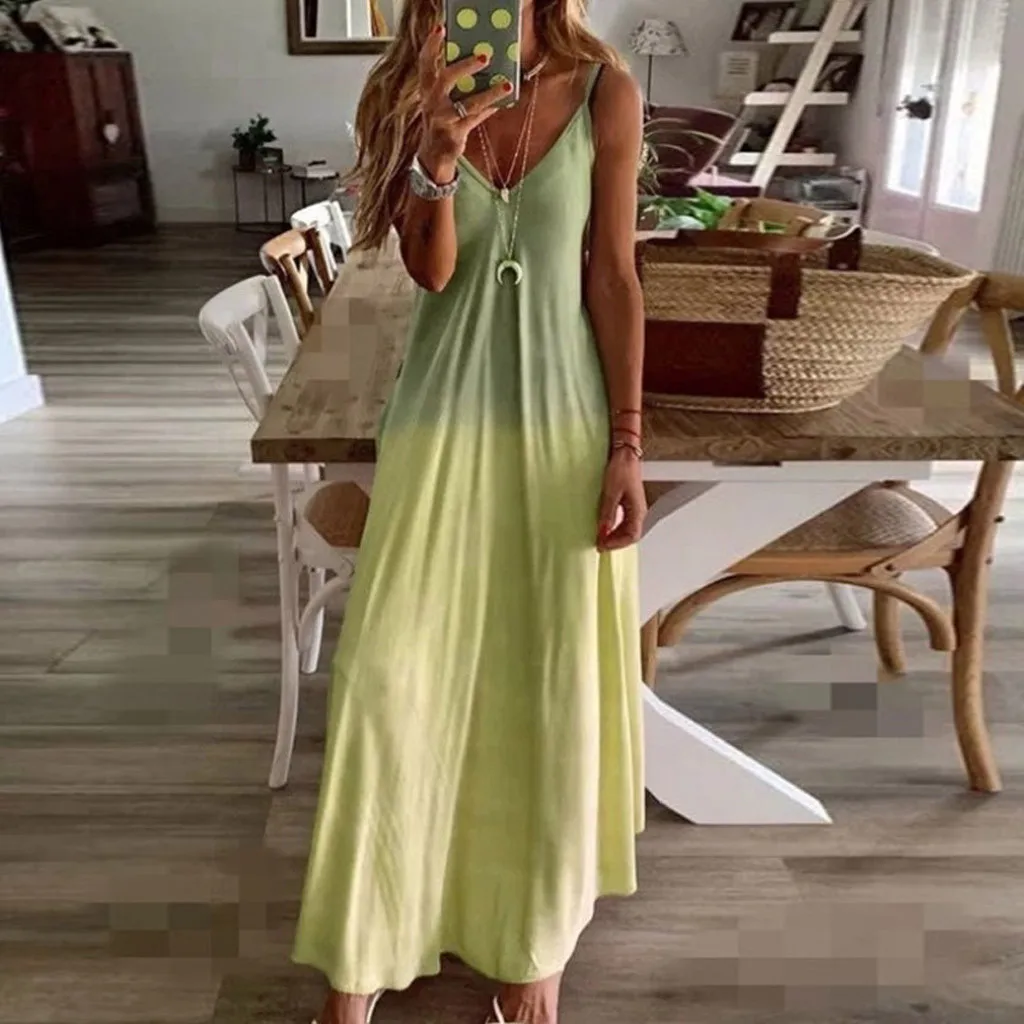 

Gradient Printed Long Dress 2022 Women Elegant Big Swing V Neck Sleeveless Maxi Beach Dress Female Loose Party Dress Vestidos
