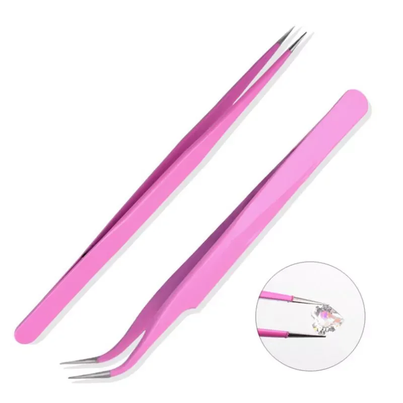 Sale New Stainless Steel Pink Straight / Bend Tweezer For Eyelash Extensions Nail Art Nippers for Picker Rhinestone Decor