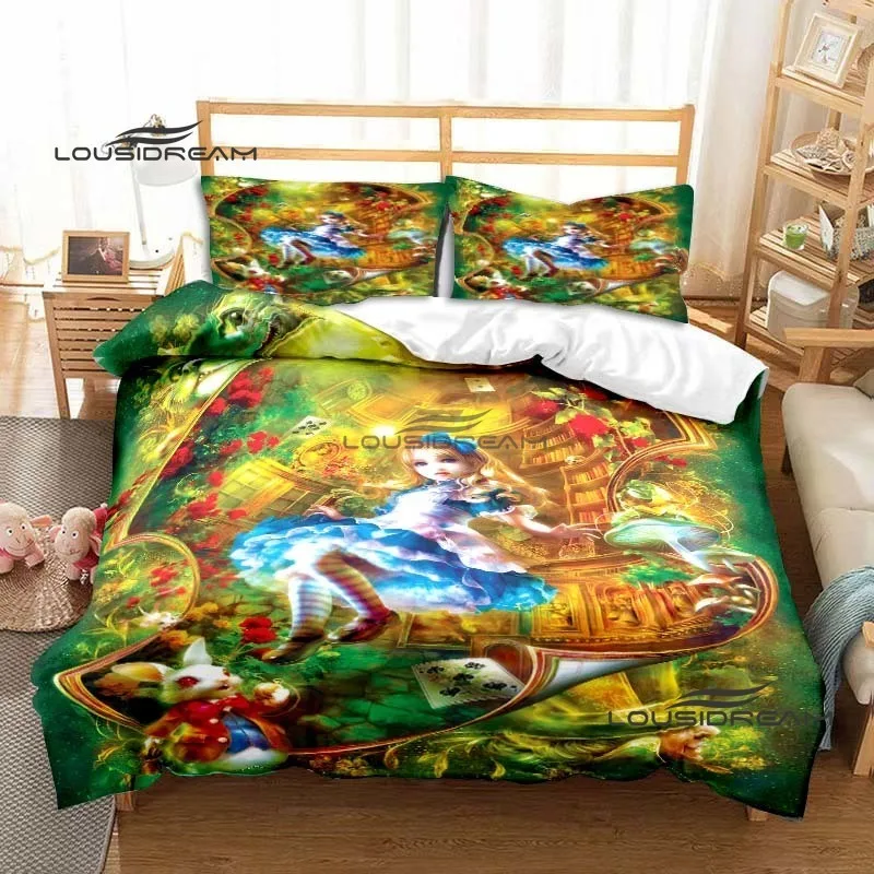 

Cartoon Alice Cheshire Cat Quilt Cover Pillowcase Set Alice in Wonderland Cute Boy Girl Creative Queen King Size Bedding Set