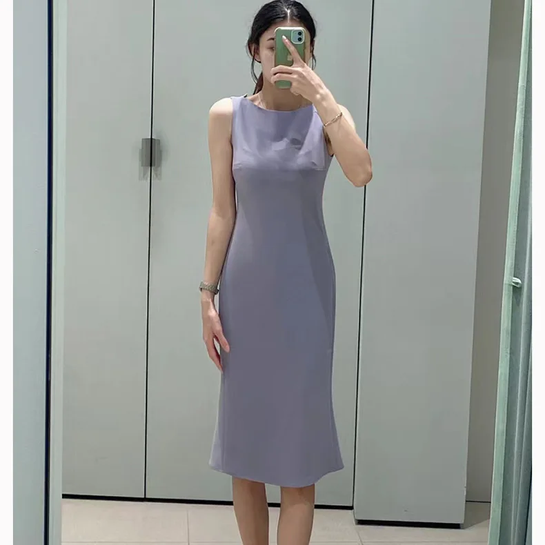 2023 Spring/Summer Women's Sleeveless Dress Triacetic Acid Commuter Slim Fit Mid length Solid Color