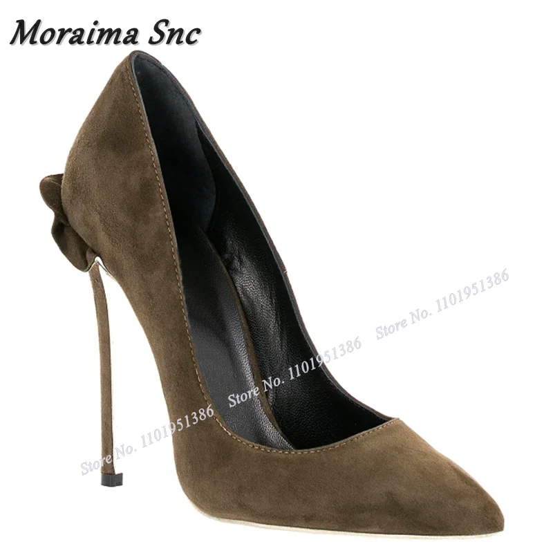 Moraima Snc Suede Metal Heel Pumps For Women Shallow Solid Pointed Toe Slip on Stiletto Heels Sandals Wedding Zapatillas Mujer