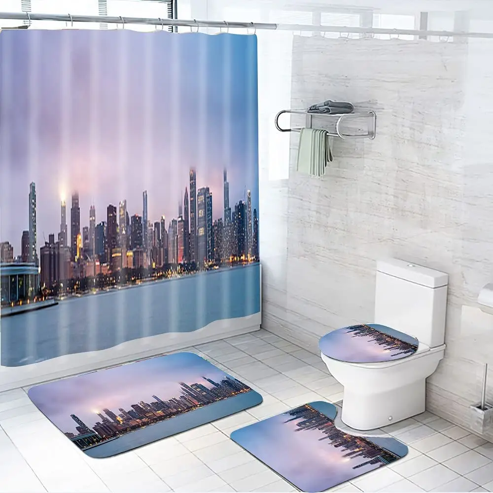 

Набор панорамных занавесок для душа «Чикаго ночью», накидка на ковер, чехол для унитаза, коврик для ванной, наволочка, занавеска для ванной комнаты, для дома