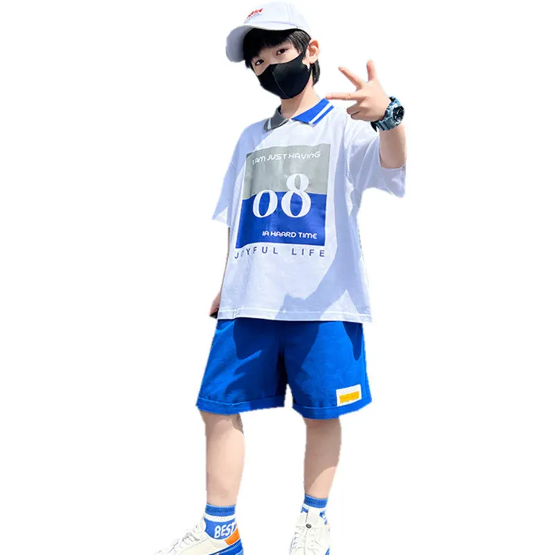 Teen Boys Summer Clothing Suit Letter T-Shirt+Shorts Korean Two Piece Casual Loose Hot Sale For Kids Tracksuit 5 To 14Years Old