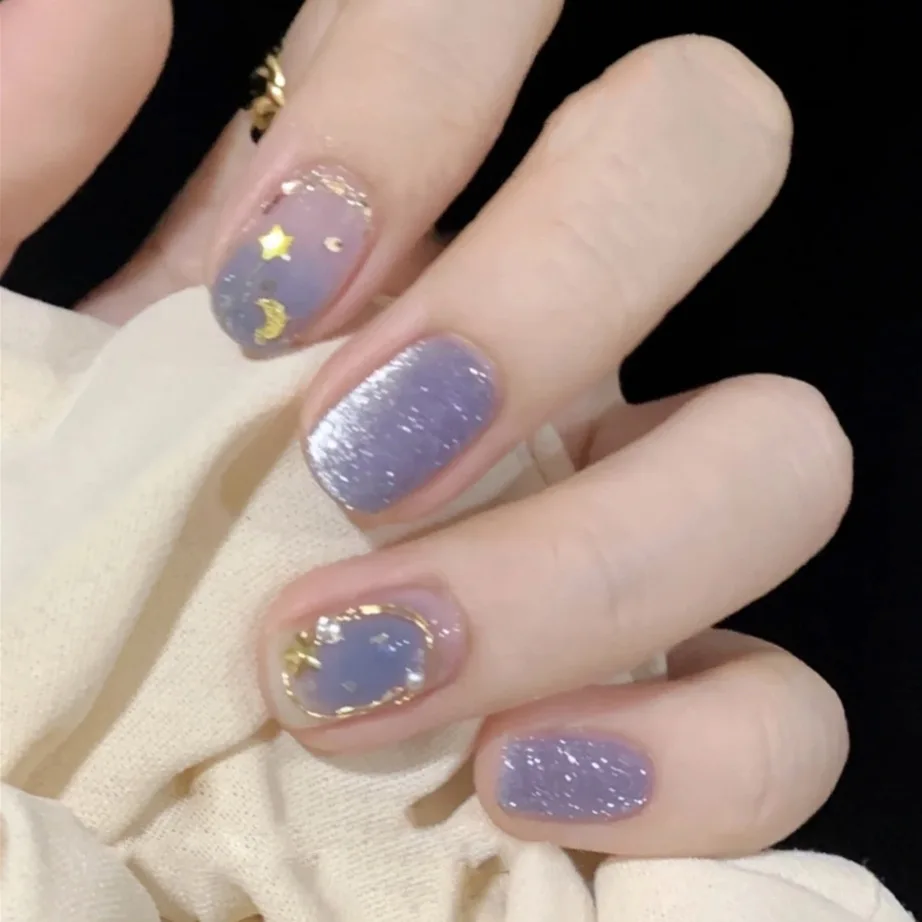 

24 Pieces/box Ocean Star Moon Soft Pseudonails Round Blue Gold Professional Beauty Products Wear Nail Patch