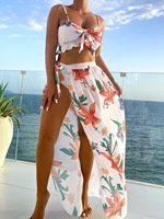 floral print knot front bikini swimsuit beach skirt