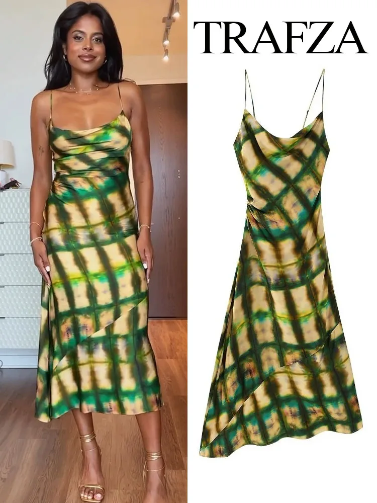 

TRAFZA Summer Woman's Fashion Tie Dyed Plaid Printed Print Soft Touch Slim Dress Female Side Zipper Adjustable Thin Straps Dress