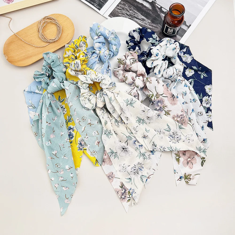 

Wholesale Fashion Long Ribbon Hair Scrunchies Simple Seersucker Print Bow Streamer Elastic Hair Scrunchies Ties For Women Girls