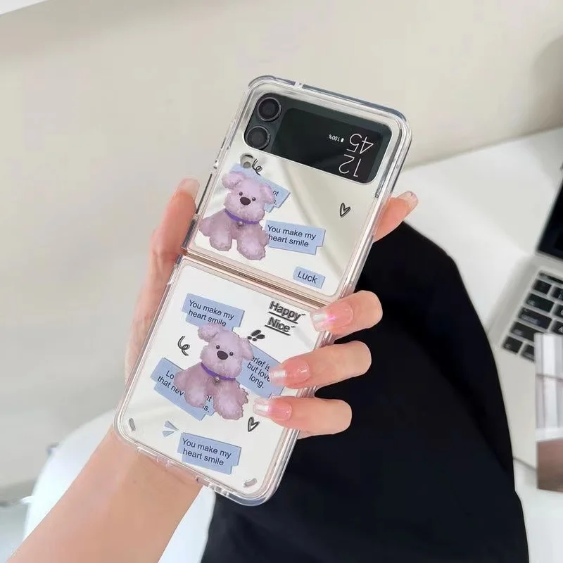 INS Style Mirror Face Cute Little Bear Suitable for Samsung Galaxy Z Flip 3 Z Flip 4 Foldable Phone Case Anti Drop Hard Case