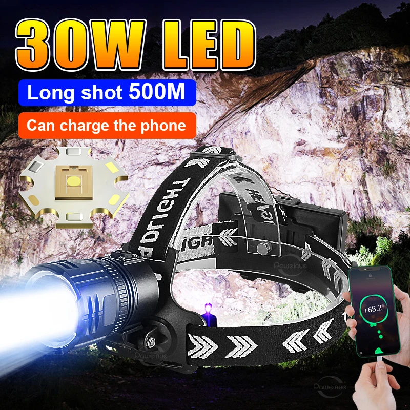 

Мощный светодиодный налобный фонарь, супер 30 Вт, с зарядкой от USB, мощный фонарь для рыбалки, кемпинга