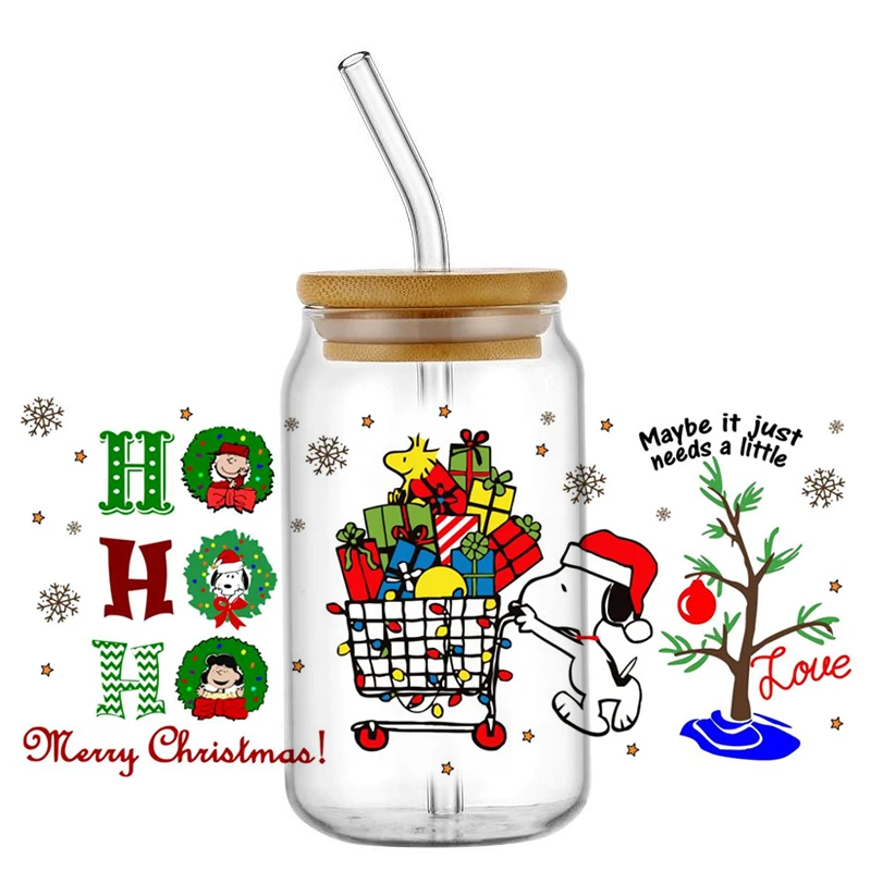 Minoso Santa Cartoon Dog Wrap 3D Рождественская УФ-наклейка DTF для 16 унций Libbey Glass Can Cup uvdtf Кофе