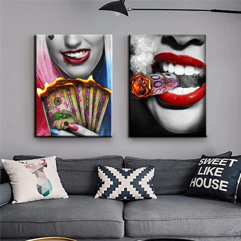 

Canvas Wall Art Poster Red Lips Smoking Woman Picture Print Burning Money Poster Painting Home Decoration Living Room Framework