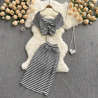 new summer casual skirt outfits women elegant sexy ruched bow tops split long dress suits fashion striped print two piece sets