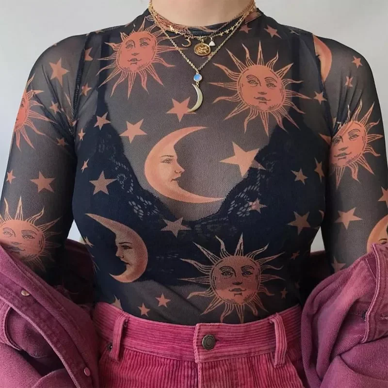 

Sun Moon Printed Transparent Mesh Sexy T-Shirt Women O-Neck Long Sleeve Slim Basic Casual Female Tops 2022 summer New