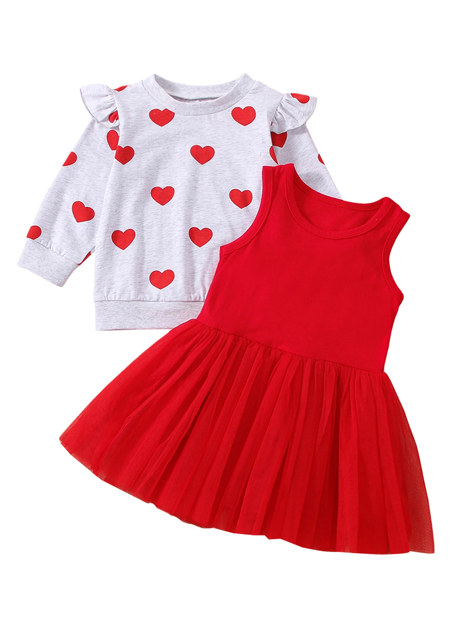 

Valentines Day Outfit Toddler Kids Baby Girl Heart Print Ruffle Long Sleeve T-Shirt Sleeveless Tulle Princess Dress 2pcs set