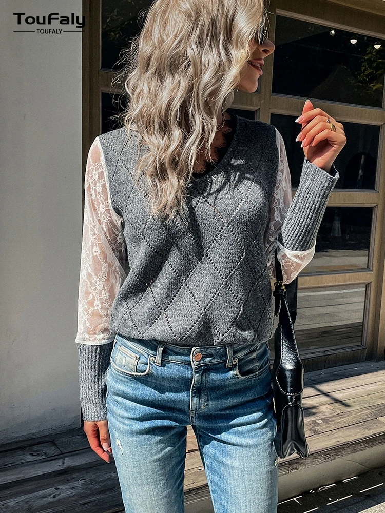 

Lace Stitching Long-Sleeved Sweater for Women Autumn 2022 New Fashion European and American Pullovers Knitted Tops Loose Casual
