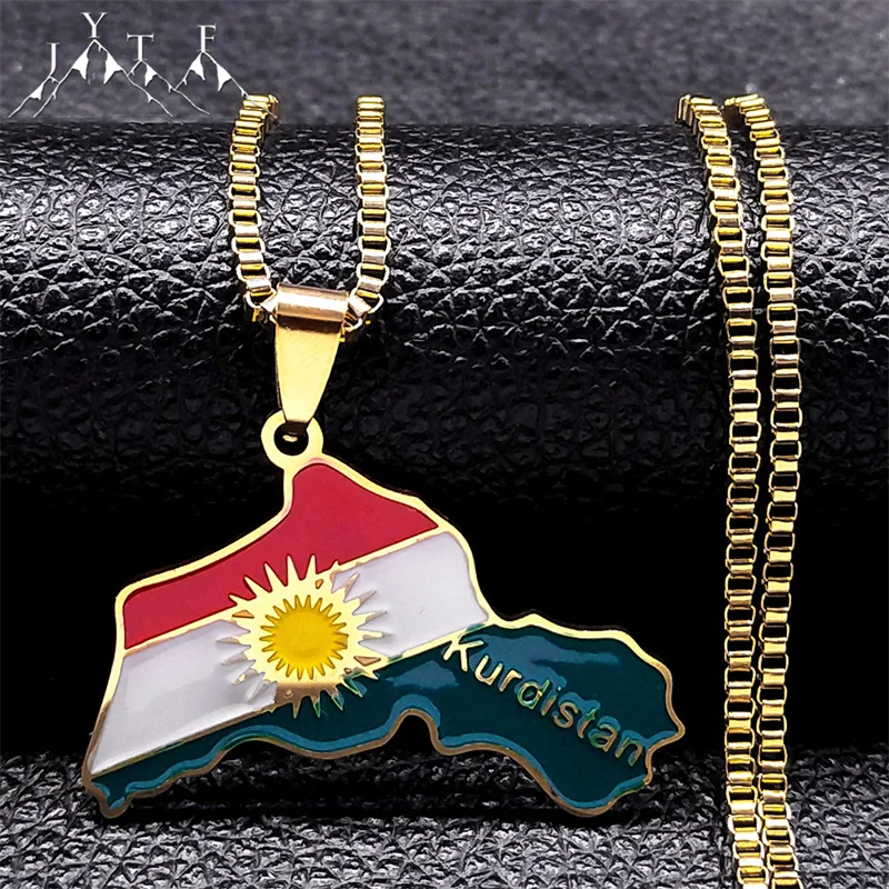 

Hip Hop Kurdistan Map Necklace Women Men Stainless Steel Chain Trendy National Flag of Kurdish Pendant Necklaces Jewelry Gifts