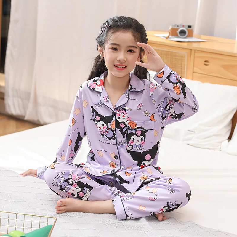 

Sanrio Kuromi Cinnamoroll Children Y2k Pajamas Set Cute Anime Cartoon Autumn Long Sleeves Thin Cardigan Comfortable Nightwear