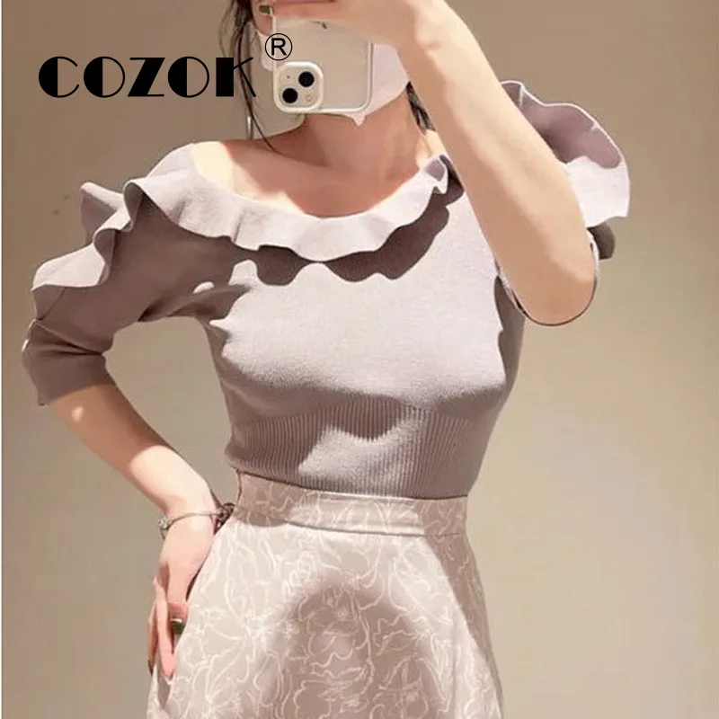 

Cozok Japanese 2022 New Sweet Jumper Temperament Fairy Pullover Solid Slash Neck Ruffles Rib Patchwork Knit Sweaters