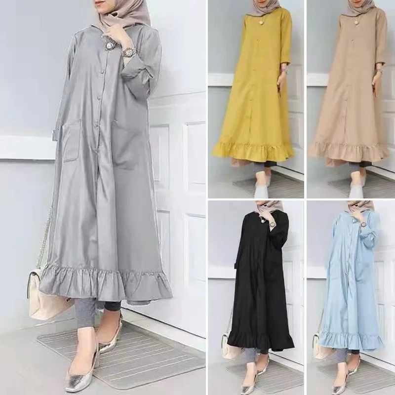 

2022 New Solid Round Neck Button Access Control Pocket Long Sleeve Ruffle Hem Big hem Long Dress Gown