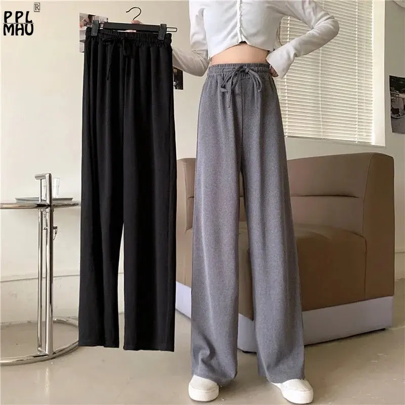 Straight Baggy Sweatpants Korean Plus Size Wide Leg Pants Women Grey Office Lady Spring Trousers Drawstring Elastic Waist Pants