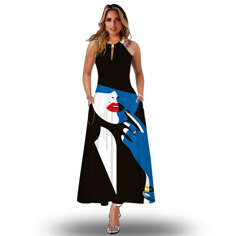 

Summer Maxi Dress Women Elegant Sexy Halter Sleeveless Casual Beach Holiday Party Robe Vestidos Loose Face Printing Boho Dresses