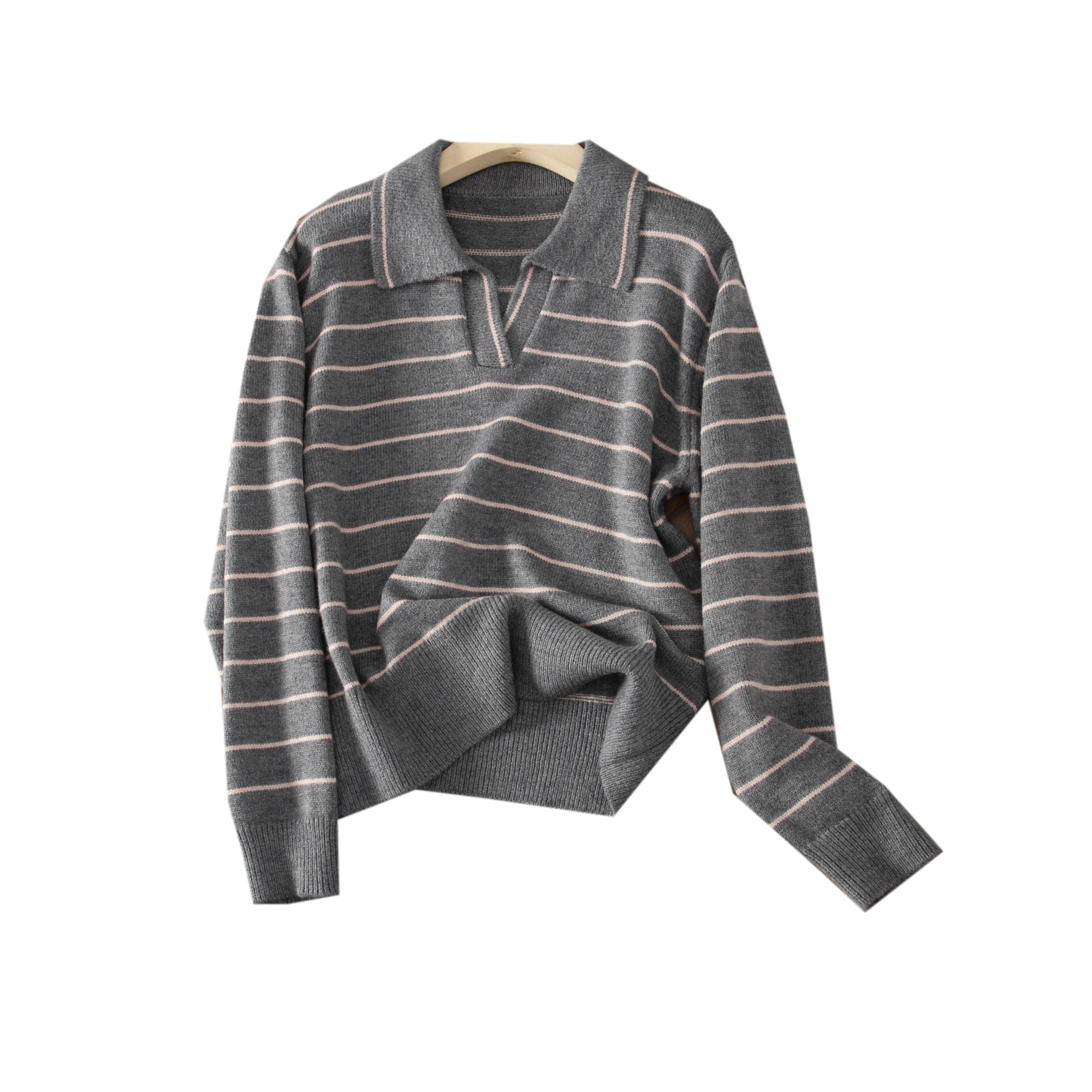 Осенняя новая женская одежда Свободный полосатый свитер с воротником-поло Мода