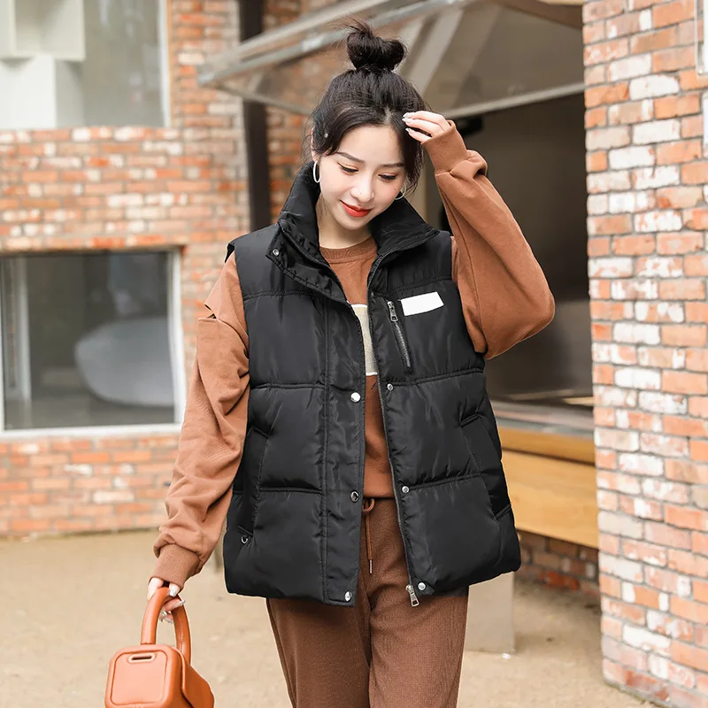 New Autumn and Winter Women Sleeveless Cotton Coat Pink Temperament Commuter Short Zipper Woman Cotton Vest Warm Solid Clothes
