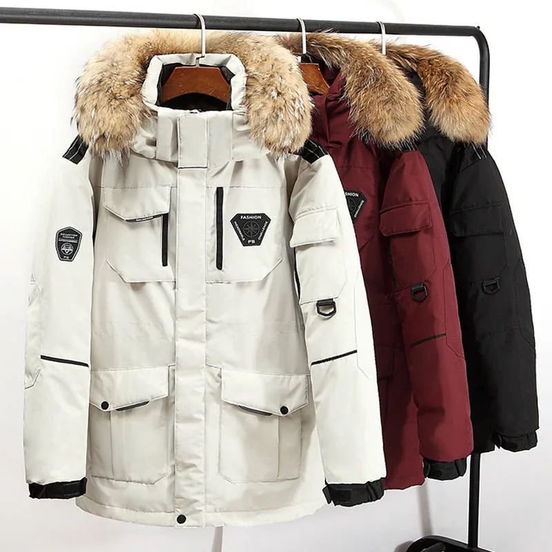 90% White Duck Down Parkas -30 Degree Motorcycle Down Jacket Men Coat Mid-length Large Fur Collar Thicken Coat Snow Overcoat