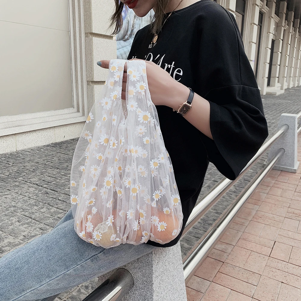 

2020 Spring Summer Mesh Embroidery Transparent Tote Little Daisy Lovely Fresh Shopping Bag Eco Handbag For Women