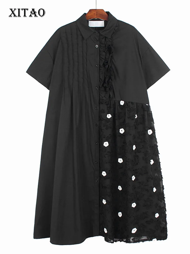 

XITAO Single Breast Dress Fashion Ruffle Patchwork Small Fresh Casual Style Pot Goddess Fan Pleated Embroidery Dress WMD6901