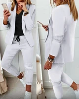 2022 new office lady outfits plaid print blazer coat drawstring pants sets autumn fashion pocket design jacket trousers suit