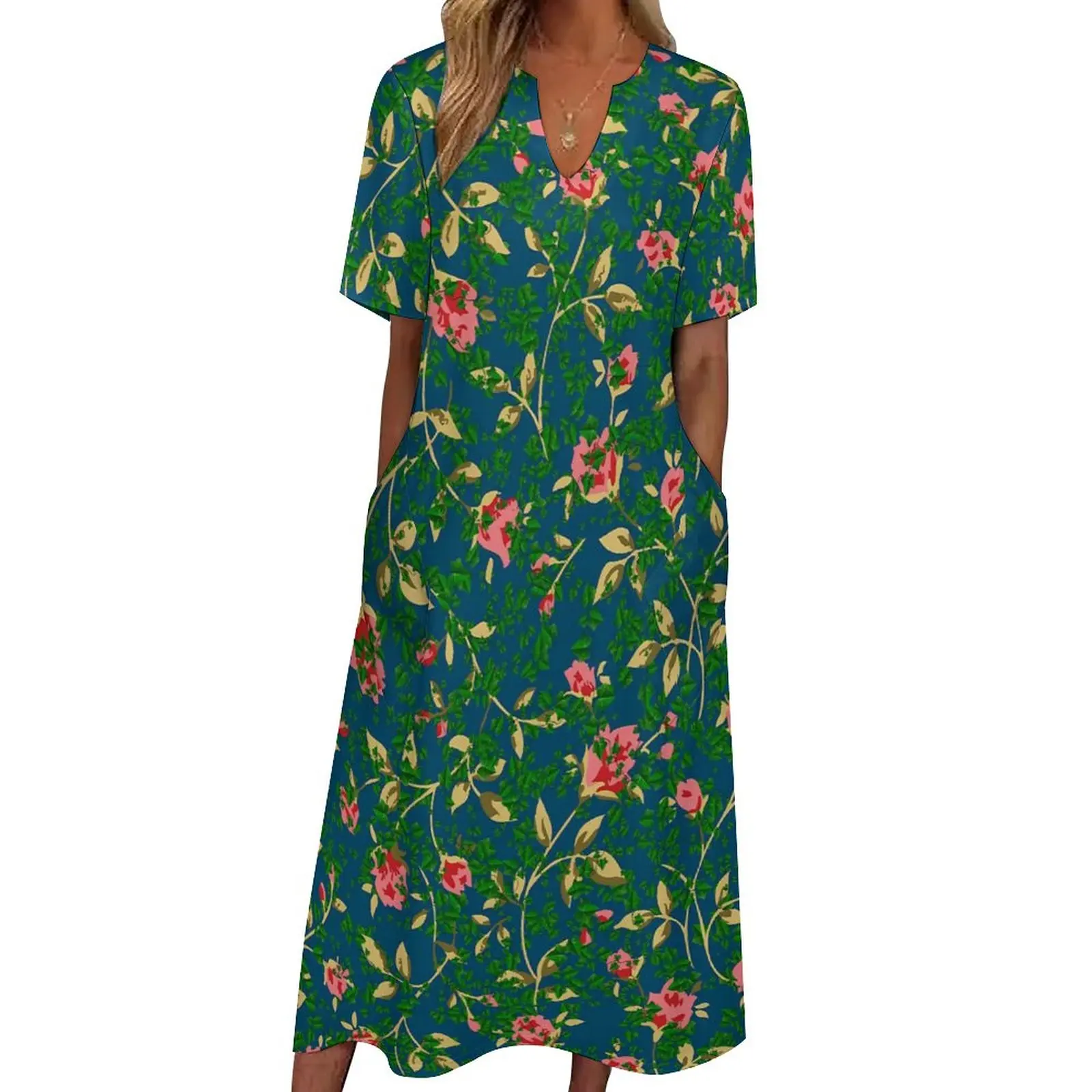 

Rose Floral Print Dress Retro Flowers Beach Maxi Dress Streetwear Boho Beach Long Dresses Summer Short Sleeve Custom Vestidos
